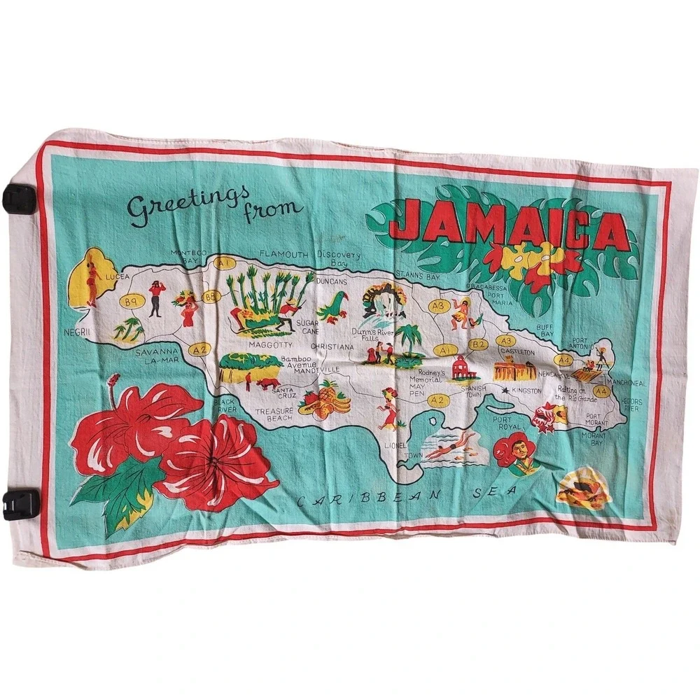 Jamaica Souvenir Map Tea Towel Hibiscus Retro Island Life Tiki Vintage Cotton